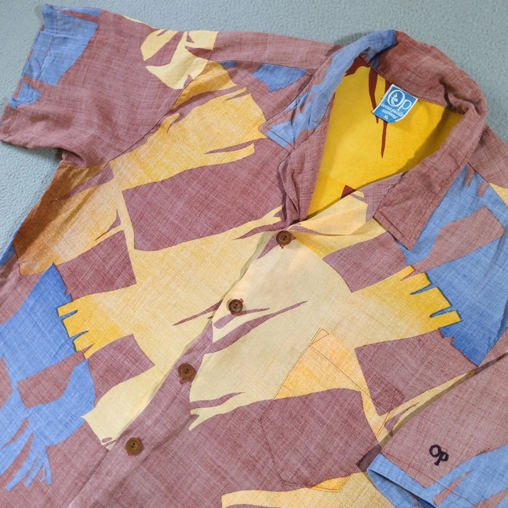 VTG Ocean Pacific Reverse Print Shirt Mens XL Multi Color Abstract Palm Print